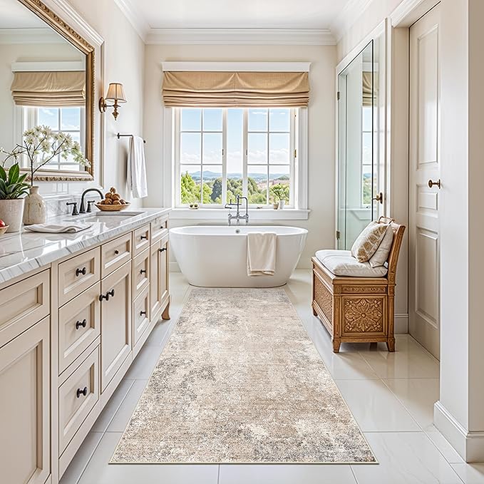 3x6 Non-Slip Washable Kitchen Rug - Soft Wide Indoor Carpet Runners for Entryway, Hallway, Bathroom with Rubber Backing, Modern Distressed Low-Pile Thin Floor Runner (Beige Grey,3x6)