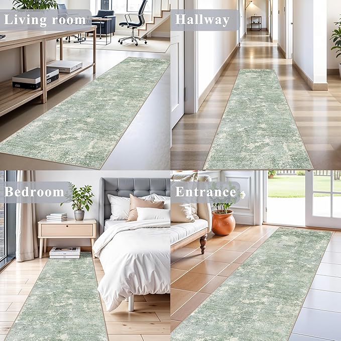 3x6 Washable Kitchen Runner Rug - Non Slip Stain Resistant Low-Pile Thin Wide Carpet Runners for Entryway Hallway Bathroom Bedside,Modern Neutral Abstract(Sage Green,3x6)