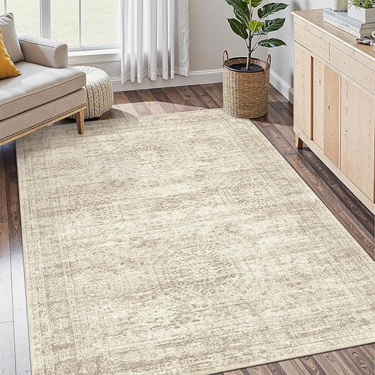 Soalmost 4x6 Area Rugs for Living Room, Vintage Washable Rugs for Dining Room, Bedroom, Home Office Decor, Non-Slip Beige Carpet Thin Rug