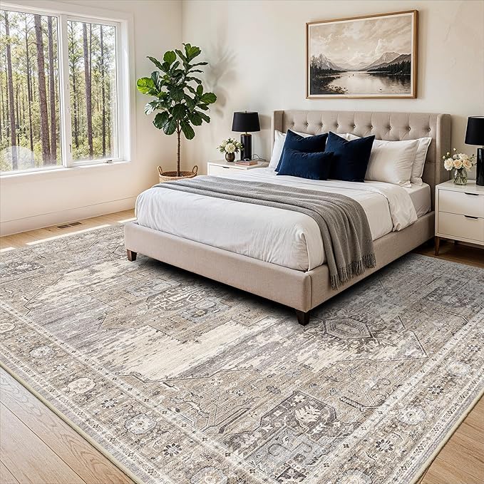 Washable Vintage 8x11 Area Rugs, Indoor Large Living Room Rugs Low Pile Soft Carpet with Non-Slip Backing, Stain Resistant and Easy Care Room Decor Mat for Bedroom Dining Room Office 8x11 Beige