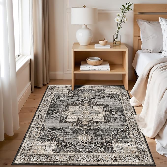 RUUGME Washable Entryway 4x5 Rug- Vintage Area Rug for Living Room Bedroom Kitchen Stain Resistant Carpet Low Pile Ultra-Thin Rugs with Non Slip Backing Home Decor 4X5 Black
