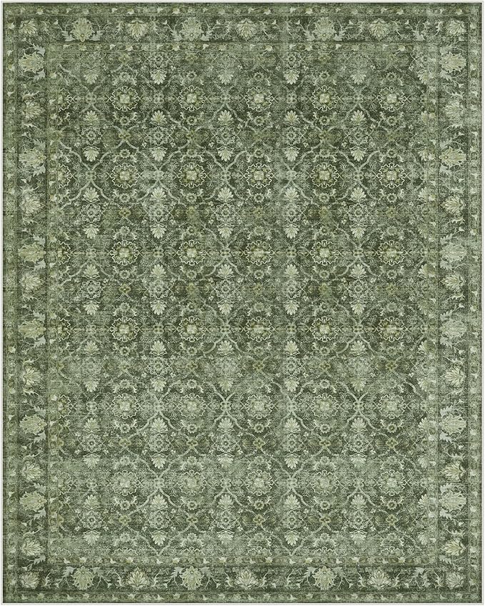 Hedlive Green Washable Area Rugs 8x10 for Living Room, Vintage Moroccan Bedroom Rug Non Slip with Ruber Backing, Stain Resistant Large Carpet for Dining Office Home Apartment (Olive 8x10 Ft)
