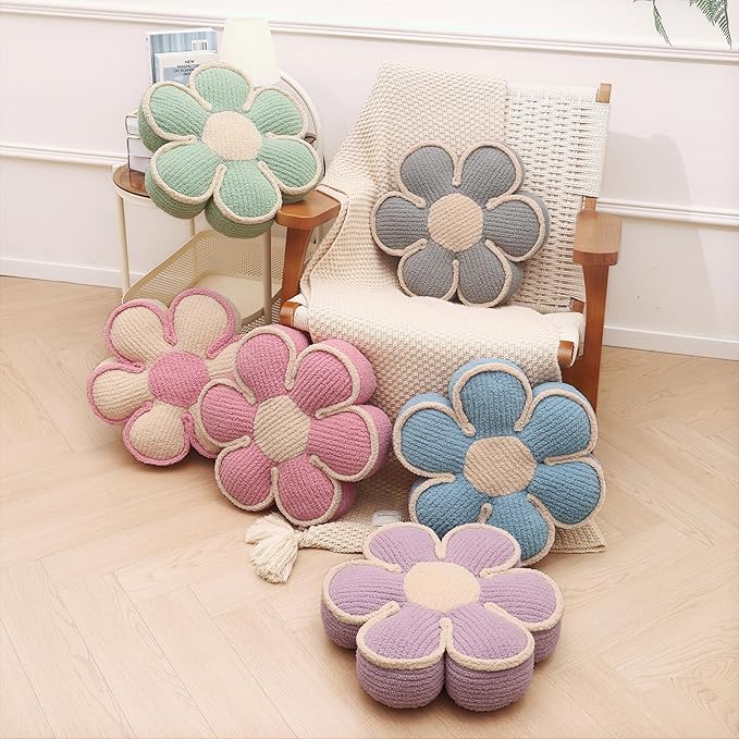 Blue Flower Pillow Decorative Throw Pillows Daisy Shaped Cute Soft Floor Cushion for Couch Bed Preppy Room Bedroom Decor Aesthetic (1, Blue, 16 Inch)