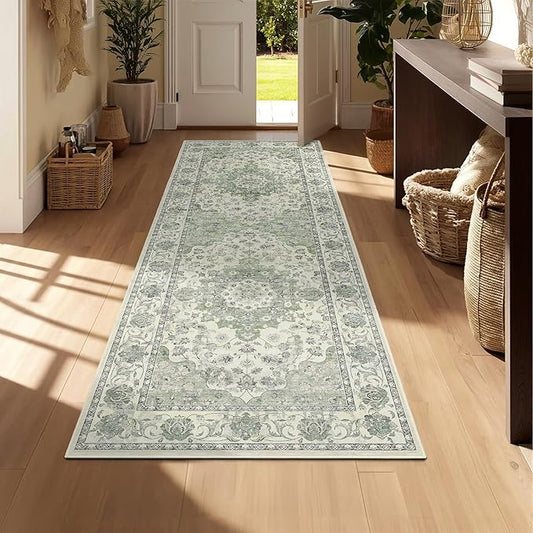 Washable Hallway Runner Rug - 3x8 Floor Carpet Rug Distressed Low Pile Mats Non Slip Soft Rugs for Dining Room with Rubber Backing Bedroom Runner with Vintage Design (Green 3x8)