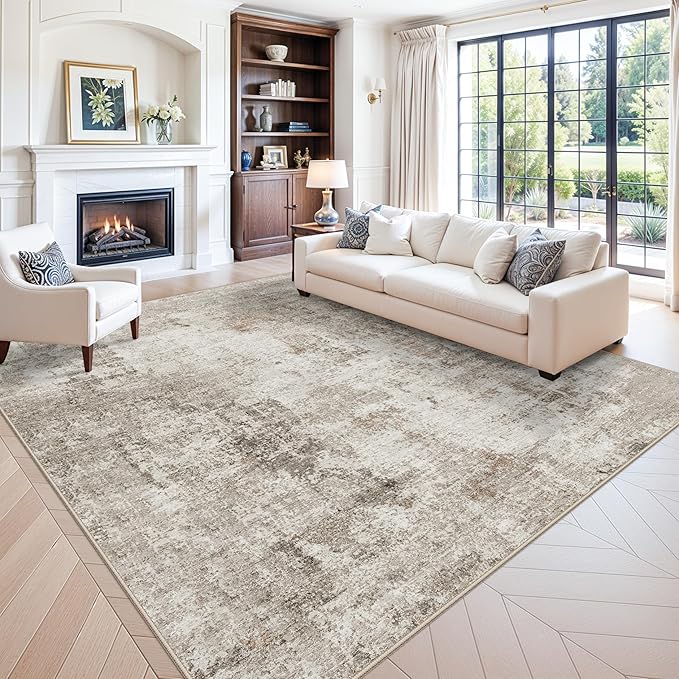 11x11 Square Area Rug for Living Room–Washable Non-Slip Soft Large Rug for Bedroom Playroom – Low-Pile Stain-Resistant Modern Abstract Neutral Indoor Carpet (Beige Grey,11ft)