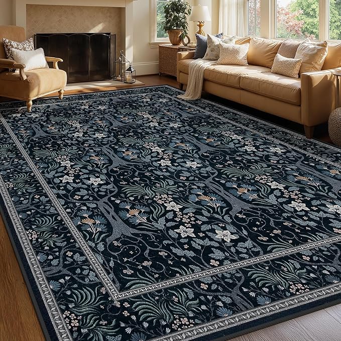 Joydeco Washable 9x12 Area Rugs for Living Room, Large Non Slip Vintage Floral Rug, Boho Bedroom Mats Under Bed, Soft Ultra-Thin Throw Carpet for Dining Room Apartment, Black-Blue