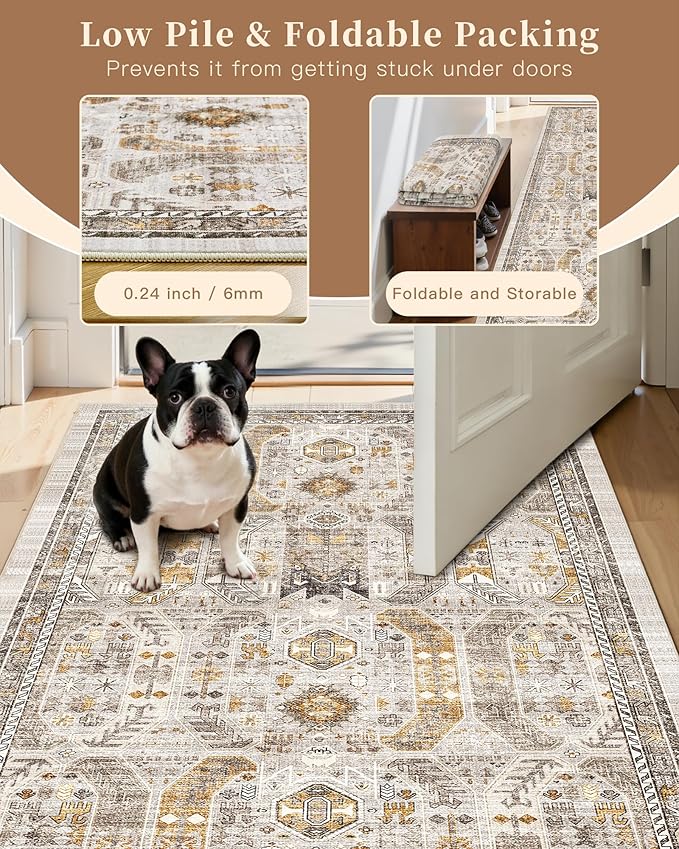 Madane Hallway Runner Rug 3x18 - Kitchen Rugs 18ft Washable Entryway Rug Vintage Kitchen Runners Non Slip Indoor Area Rug Farmhouse Carpet Runner for Bathroom Living Room Bedroom, Brown/Gold