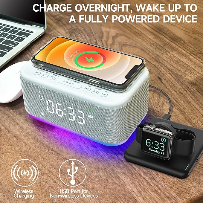 Alarm Clock Speaker Wireless Charger, Digital Alarm Clocks Bedrooms Bluetooth, Alarm Clock Dimmable Light Bedrooms Dual Alarm Snooze Dimmer 12 24H RGB Night Light Bluetooth USB AUX, Gray - Image 5