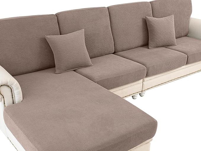 LA MEACK Couch Cushion Cover Chaise Lounge Cover Washable Separate Seat Chaise Couch Cover Stretch Sectional Sofa Slipcover(1 Piece for Chaise or Sofa 3-Seater, Khaki)