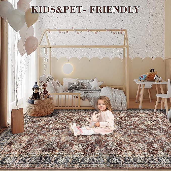GarveeHome Extra Large Area Rug 10x13 Washable Bedroom Rug Non Slip Foldable Vintage Floral Print Throw Rug Thin Ultra Soft Distressed Carpet for Living Room Home Nursery, Red