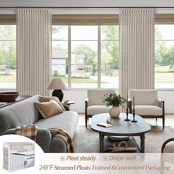 Greyish Brown Natural Linen Curtains 84 Inch Length 2 Panels for Living Room, Pinch Pleated Light Filtering Semi Sheer Boho Window Drapes for Bedroom Hooks Back Tab Curtain 84 Inches Long Light Tan