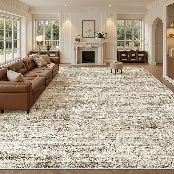 Soalmost 12x15 Washable Area Rug Brown Neutral Abstract Living Room Large Carpet Non Slip Bedroom Indoor Office Dining Room Low Pile Thin Rug