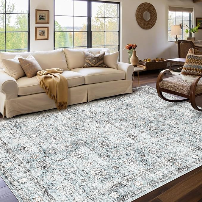 GarveeHome Vintage Floral 5x7 Area Rugs for Living Room, Distressed Oriental Print Non Slip Washable Rugs, Ultra Soft Low Pile Foldable Indoor Carpet for Bedroom Dining Room, Grey and Blue