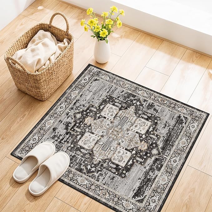 RUUGME 2x2 Washable Bathroom Area Rug, Non-Slip Vintage Oriental Low Pile Carpet, Soft Floor Mat for Entryway, Kitchen Sink, Laundry Room,Stain Resistant Home Decor Mat for Small Space 24x24 Black