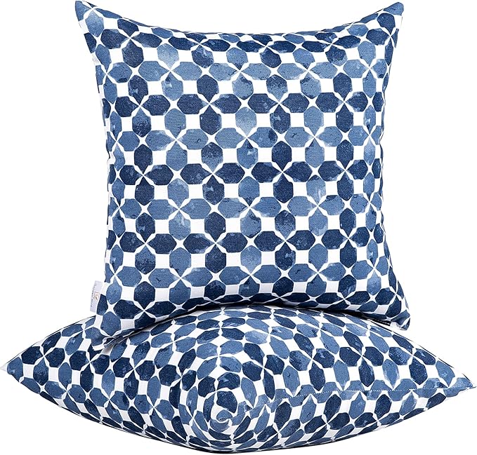JMGBird Waterproof Outdoor Pillows Set of 2, 18x18 inch Weather Resistant White with Diamond Blue Petal Pattern Throw Pillows with Inserts for Patio Furniture