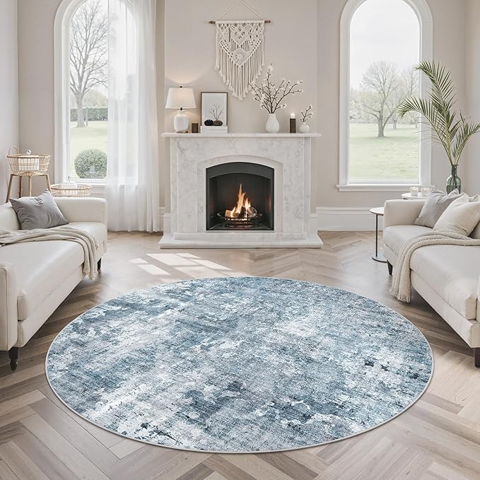 Soalmost 6x6 Blue/Grey Round Rug 6ft Living Room Circle Rug Vintage Round Area Rug Non Slip Indoor Carpet for Dining Room Bedroom