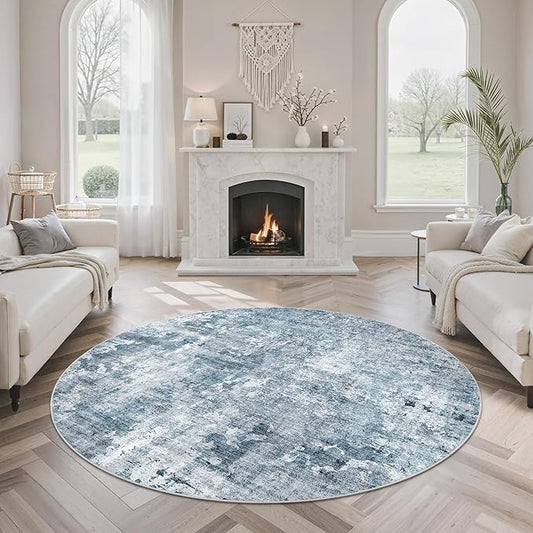 Soalmost 6x6 Blue/Grey Round Rug 6ft Living Room Circle Rug Vintage Round Area Rug Non Slip Indoor Carpet for Dining Room Bedroom