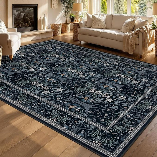 Joydeco Washable 6x9 Area Rugs for Living Room, Large Floral Black Rug for Bedroom Non Slip,Soft Vintage Distressed Stain Resistant Indoor Floor Throw Carpet for Dining Home Office