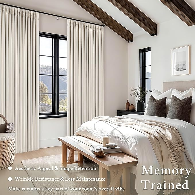 Ivory Cream Linen Blackout Curtains 112 Inches Long for Bedroom Neutral Boho Pinch Pleated 100% Black Out Room Darkening Sound Dampening Window Drapes Double Layer Soundproof 112 Inch Curtains
