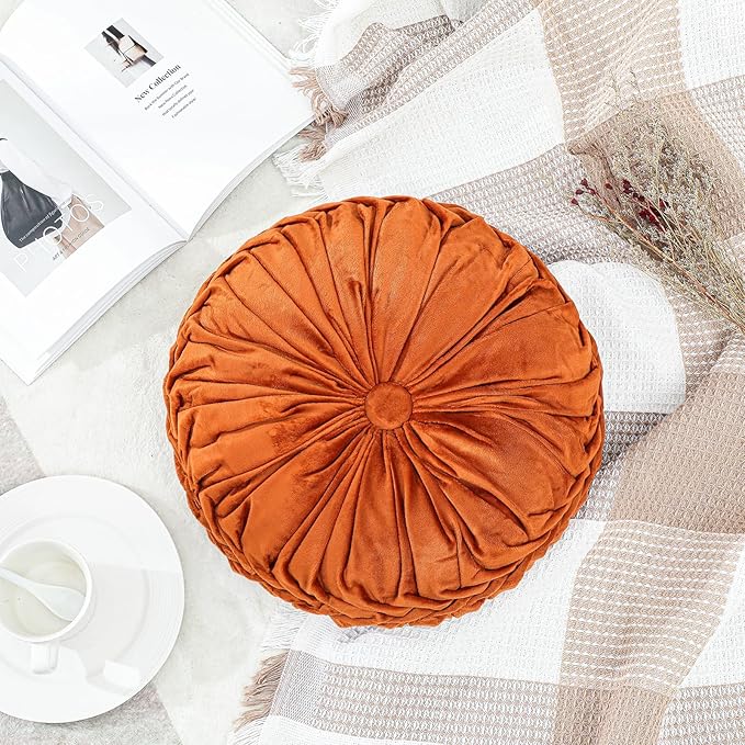 Drydiet 1 Pcs Round Throw Velvet Pillows Decorative Pleated Throw Pillows 15'' Diameter Accent Pumpkin Boho Chair Cushion for Couch Sofa Home Decoration (Brunt Orange)
