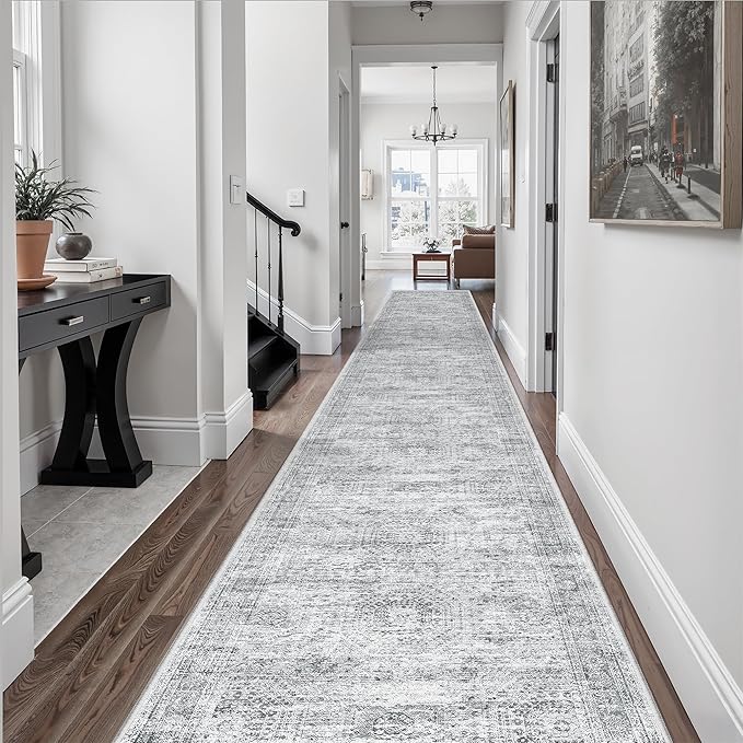 Soalmost Runner Rug 2'6" x 16' Washable Non-Slip 2.5x16 ft Long Runner Rugs for Kitchen Bathroom Laundry Room Vintage Ultra Thin Runners for Hallway Entryway Grey