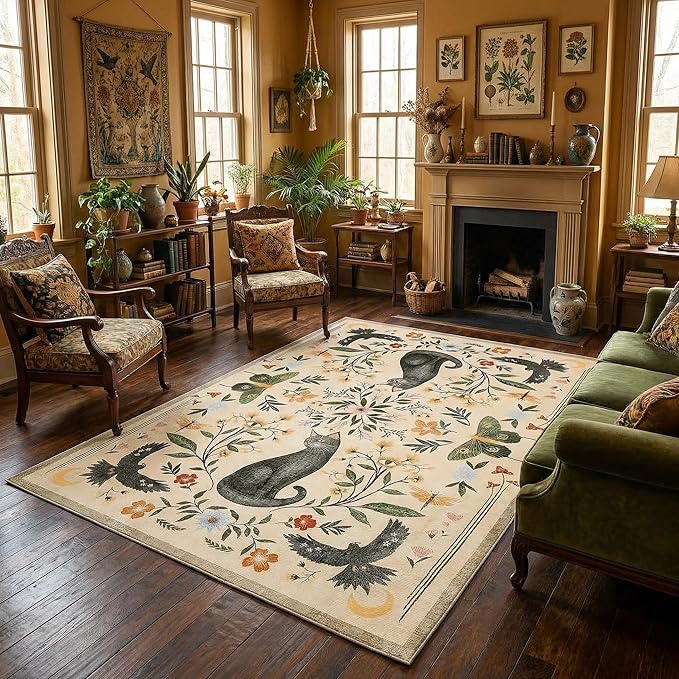 GarveeHome 5x7 Cat Area Rug Beige Washable Rugs for Living Room Bedroom, Soft Mushroom Floral Low Pile Non Slip Floor Mat Animal Print Throw Rug Indoor Carpet for Dorm Playroom Gothic Decor