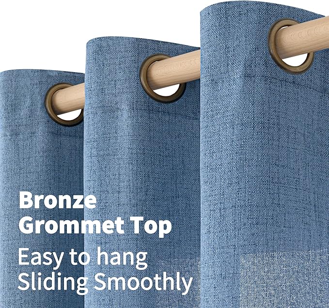 YoungsTex Blue Linen Curtains 63 Inch Length 2 Panels Set- Light Filtering Drapes with Bronze Grommet Privacy Ocean Decorative for Bathroom Living Room Window, 52 x 63 Inch