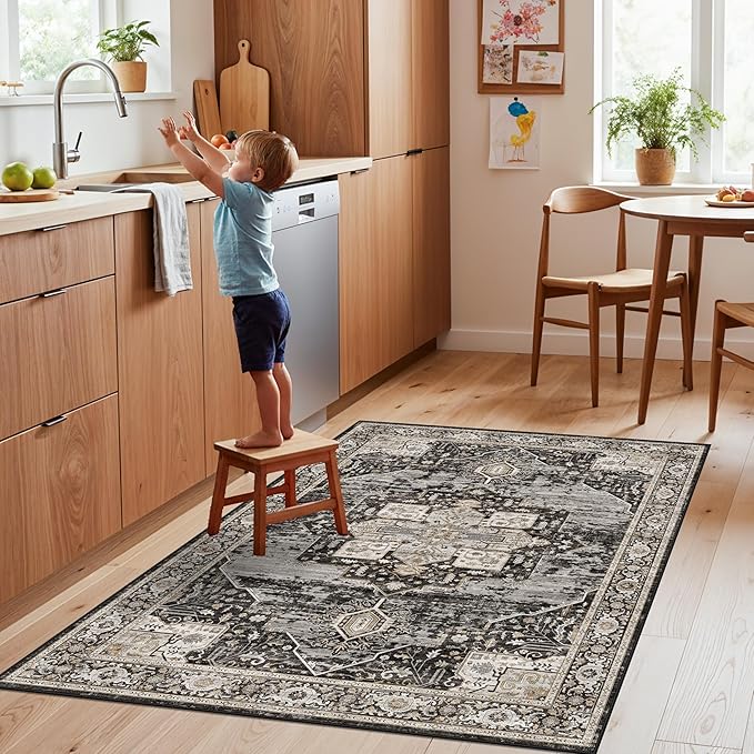 RUUGME Washable Entryway 4x5 Rug- Vintage Area Rug for Living Room Bedroom Kitchen Stain Resistant Carpet Low Pile Ultra-Thin Rugs with Non Slip Backing Home Decor 4X5 Black
