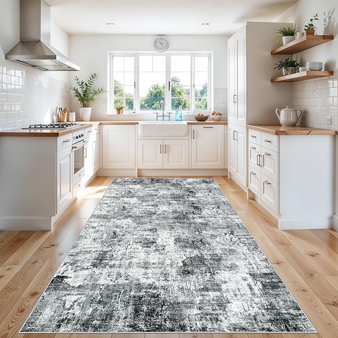 4x10 ft Extra Wide Hallway Rug – Non-Slip Washable Rubber-Backed Large Carpet Runner for Kitchen, Entryway | Modern Abstract, Low-Pile Thin Floor Mat for Bedroom Living Room Dining Room（Grey）