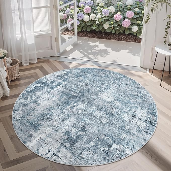 Soalmost 6x6 Blue/Grey Round Rug 6ft Living Room Circle Rug Vintage Round Area Rug Non Slip Indoor Carpet for Dining Room Bedroom