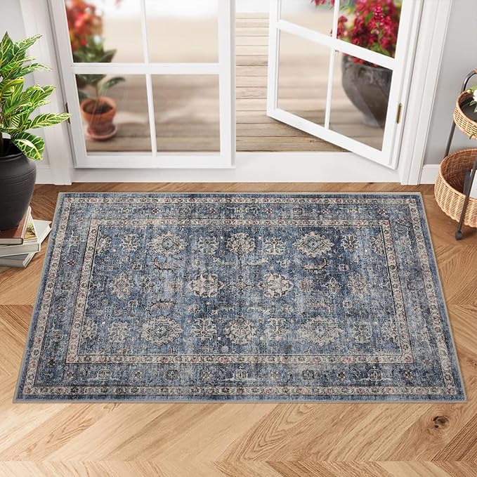 GarveeHome 2x3 Machine Washable Small Rugs for Entryway Entrance Non-Slip Vintage Doormat Indoor Soft Throw Rugs Low-Pile Bathroom Mat for Bedroom Living Room Kitchen Denim
