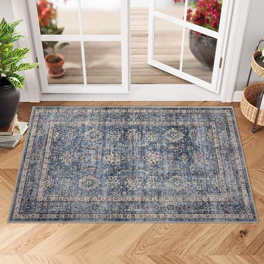 GarveeHome 2x3 Machine Washable Small Rugs for Entryway Entrance Non-Slip Vintage Doormat Indoor Soft Throw Rugs Low-Pile Bathroom Mat for Bedroom Living Room Kitchen Denim