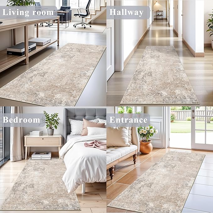 3x6 Non-Slip Washable Kitchen Rug - Soft Wide Indoor Carpet Runners for Entryway, Hallway, Bathroom with Rubber Backing, Modern Distressed Low-Pile Thin Floor Runner (Beige Grey,3x6)