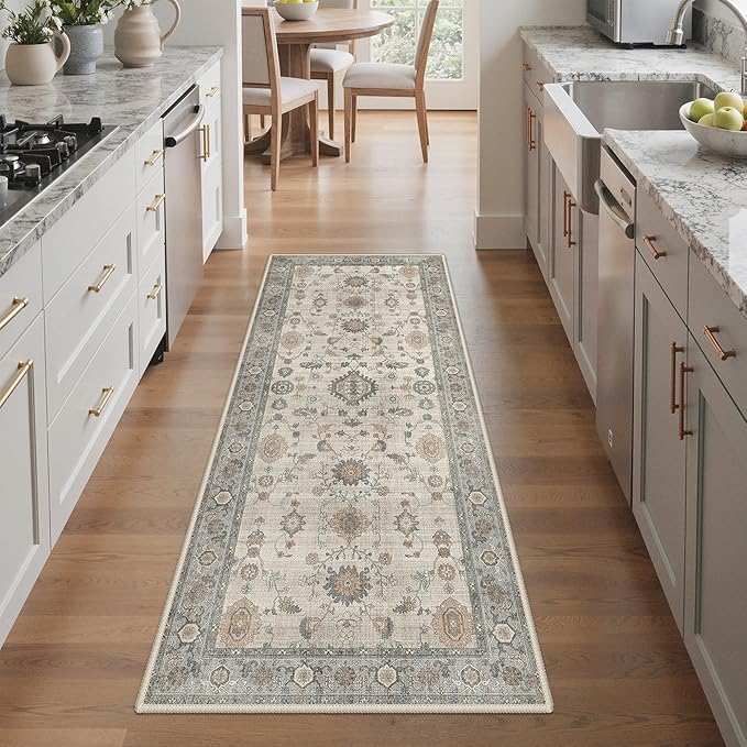 GENIMO Runner Rug for Hallways Machine Washable, 3x7 Non Slip Boho Vintage Lightweight Washable Runners, Thin Floor Rugs for Entryway Hallway Bathroom Laundry Room Corridor, Light Taupe Green