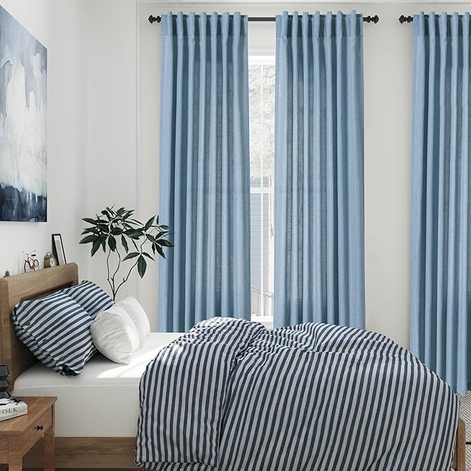 Nanspring Dusty Blue Linen Curtains 95 Inch Length for Living Room 2 Panel Set Burlap Textured Semi Sheer Linen Drapes Rustic Country Window Treatment Farmhouse Drop Cloth Curtain for Dinning Room