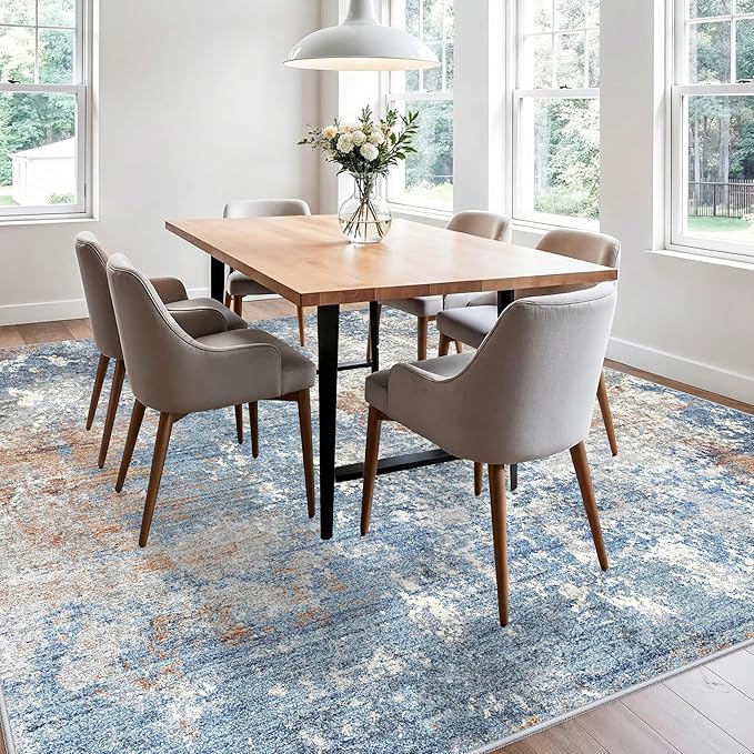 10x10 ft Square Living Room Rug – Washable Modern Abstract Area Rug for Bedroom, Dining Room, Playroom – Neutral Non-Slip Low-Pile Thin Indoor Carpet (Blue Rust,10x10)
