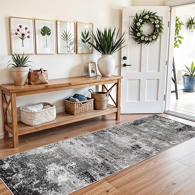 2x8 Washable Hallway Runner Rug – Non-Slip Modern Abstract Neutral Low-Pile Stain-Resistant Carpet Runner for Kitchen Entryway Bedroom Bathroom (Black Grey,2x8)