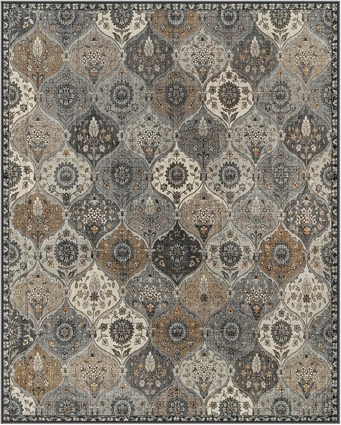Lahome Moroccan 8x10 Area Rugs for Living Room, Washable Rugs 8x10 Ultra-Thin Oriental Non-Slip Non Shedding Accent Carpet for Bedroom Dining Room Office Nursery Elise, Grey