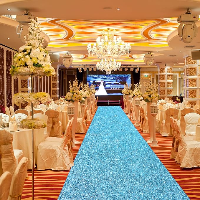 Tatuo Carpet Runner 2.46 x 30 ft Runway Rug 55 GSM Thickness with Carpet Tape for Prom Graduation Wedding Outdoor Indoor Hallway Movie Party Decoration Rug(2.46 x 30 Feet,Glitter Blue)
