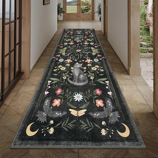 GarveeHome 2.5x8 Cat Washable Runner Rug for Hallway, Soft Black Long Kitchen Runner Non Slip Mushroom Insect Entryway Rug Floral Laundry Mat Stain Resistant Carpet for Bathroom Beside Rug