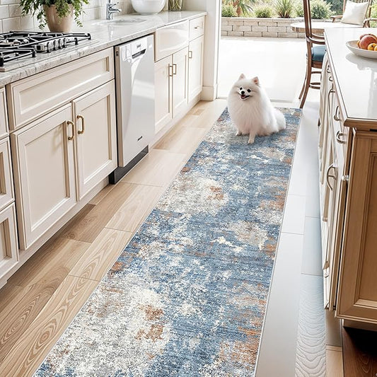 2x10 ft Washable Hallway Runner Rug – Non-Slip Low-Pile Long Carpet Runner for Kitchen Entryway Living Room Bedroom Bathroom, Modern Abstract Neutral (Blue Rust,2x10)