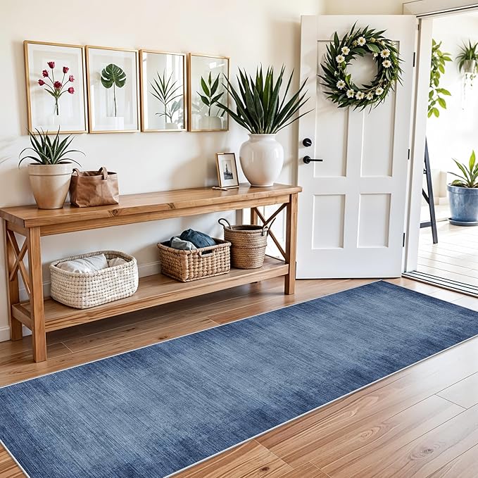 2x8 Washable Hallway Runner Rug – Non-Slip Modern Abstract Neutral Low-Pile Stain-Resistant Carpet Runner for Kitchen Entryway Bedroom Bathroom (Navy Blue,2x8)