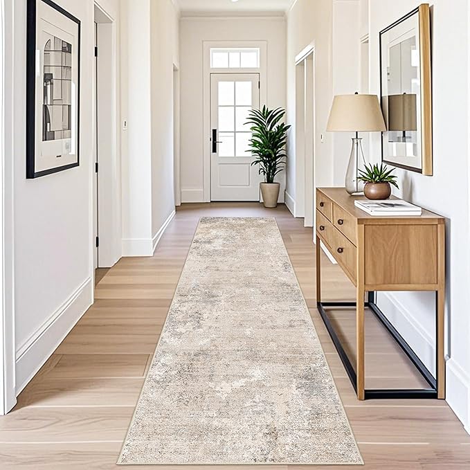 3x10 ft Washable Hallway Runner Rug – Non-Slip Long Carpet Runner for Kitchen, Indoor Entryway & Bathroom, Modern Neutral Low Pile Wide Floor Mat (Beige Grey,3x10)