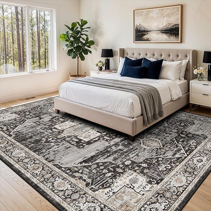 RUUGME Living Room 8x11 Area Rugs, Washable Non-Slip Low Pile Soft Rugs,Boho Distressed Indoor Carpet for Bedroom Dining Room Playroom Home Office 8x11 Black
