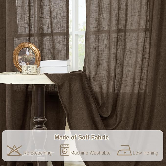 LAMIT Dark Brown Sheer Linen Curtains, 80 inch Light Filtering Semi Sheer Panels Back Tab and Rod Pocket Farmhouse Rust Drapes for Bedroom/Living Room, 2 Panels, 52 x 80 Inch