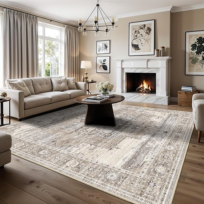 9x9 Living Room Square Area Rug, Vintage Large Washable Square Rugs for Bedroom/Dining Room/Home Office/Study Room Non Slip & Stain Resistant Carpets for Home with Dogs Cats 9X9 Beige