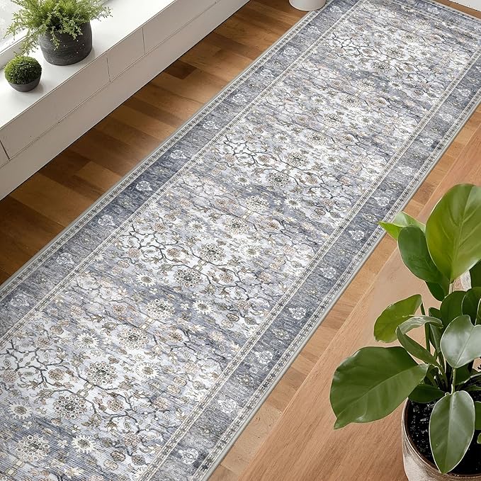 KUTA Vintage Washable Long Runner Rug, 2.6x18 Grey Blue Runners for Hallways Non-Slip Kitchen Rugs Ultra Thin Soft Printed Distressed Floral Floor Carpet for Laundry Bedroom Living Room Nursery