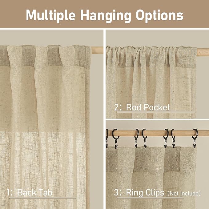 LAMIT 60 Inch Length Window Linen Curtains, Semi Sheer Light Filtering Panels Back Tab and Rod Pocket Drapes for Bedroom/Living Room, Linen, 2 Panels, 34 x 60 Inch