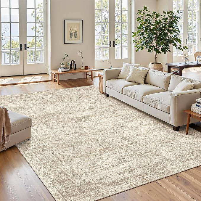 Soalmost 7x9 Area Rug for Living Room Washable Abstract Vintage Soft Thin Indoor Floor Non-Slip Carpet for Bedroom Dining Room Beige