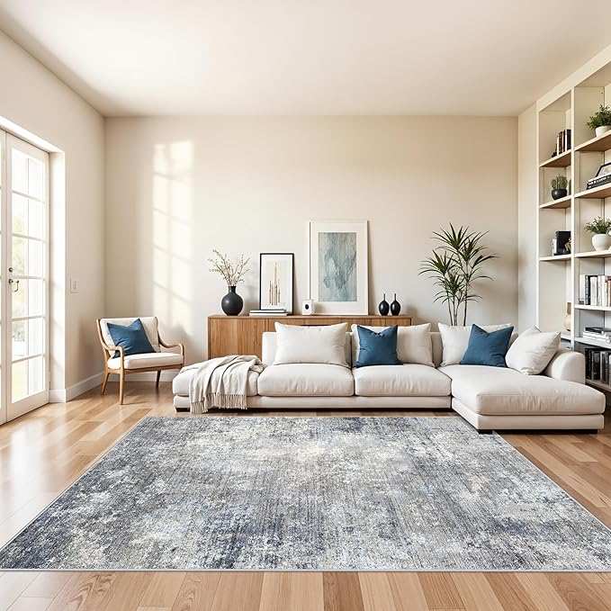 6x9 Washable Living Room Rug – Modern Neutral Abstract Large Indoor Area Rug for Bedroom Dining Room – Non-Slip, Soft, Low-Pile, Thin, Stain-Resistant Indoor Carpet（Blue Grey,6x9）